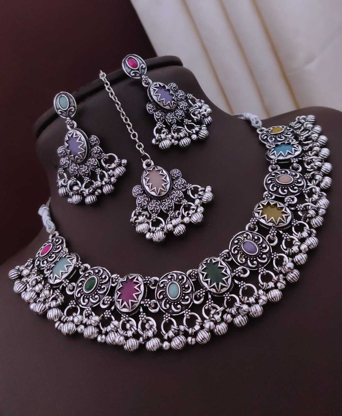 Oxidised Multicolour Stone Choker Set with Maang Tikka
