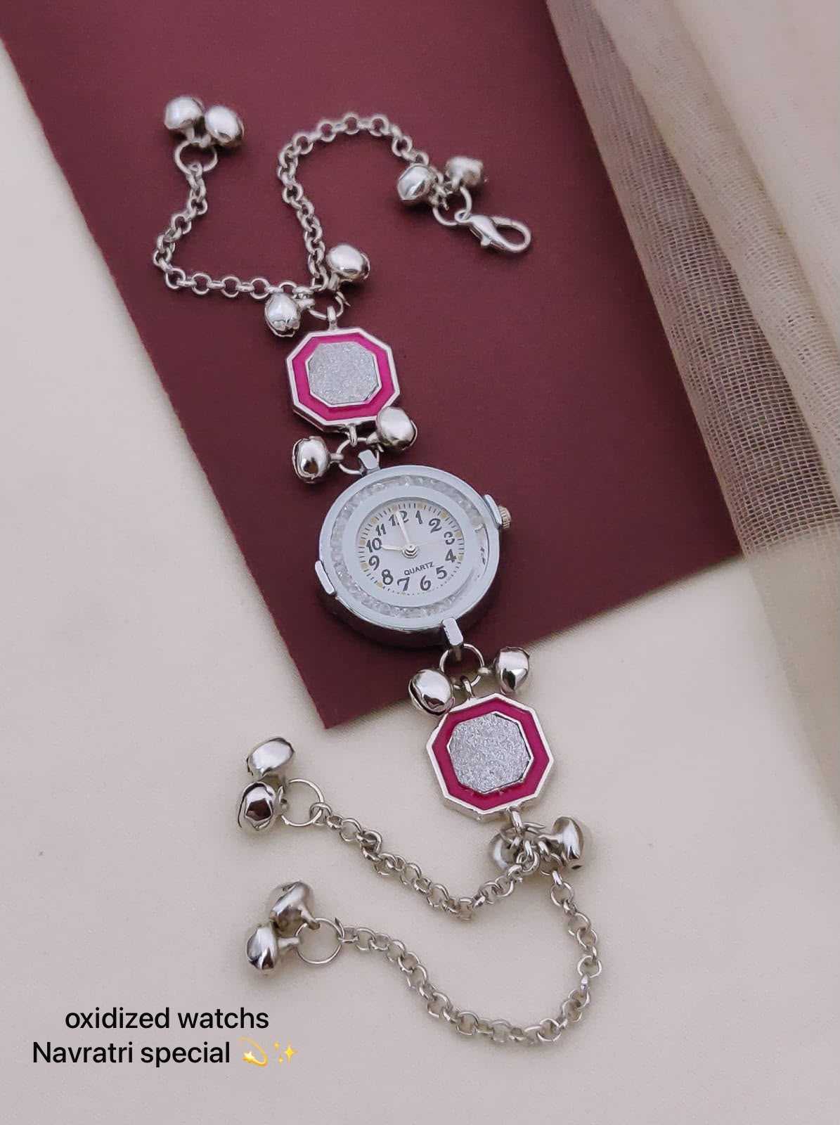 Oxidised Navratri Chain Watch with Enamel Charms and Ghungroo Bells