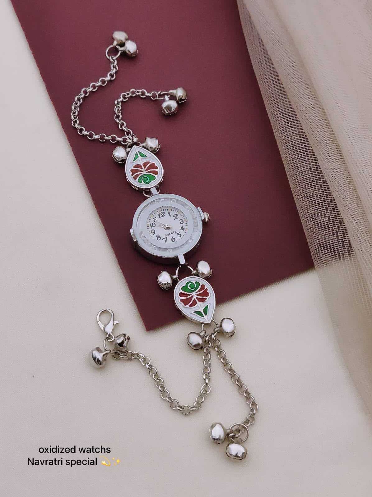 Oxidised Navratri Chain Watch with Enamel Charms and Ghungroo Bells
