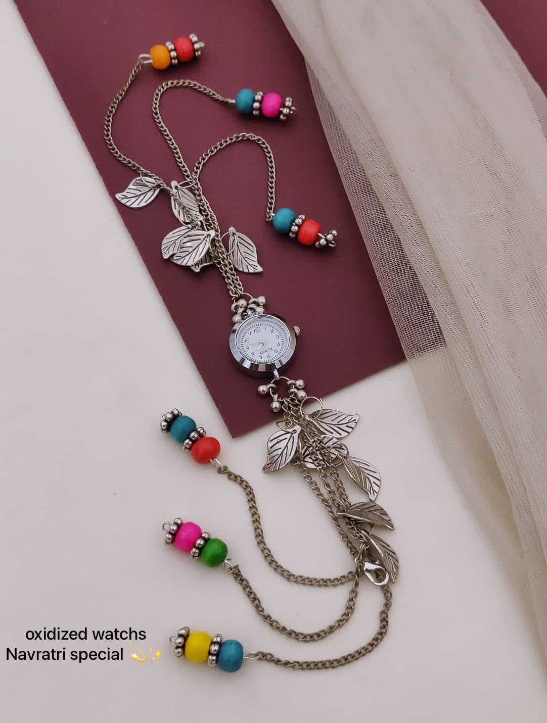 Oxidised Navratri Chain Watch with Enamel Charms and Ghungroo Bells