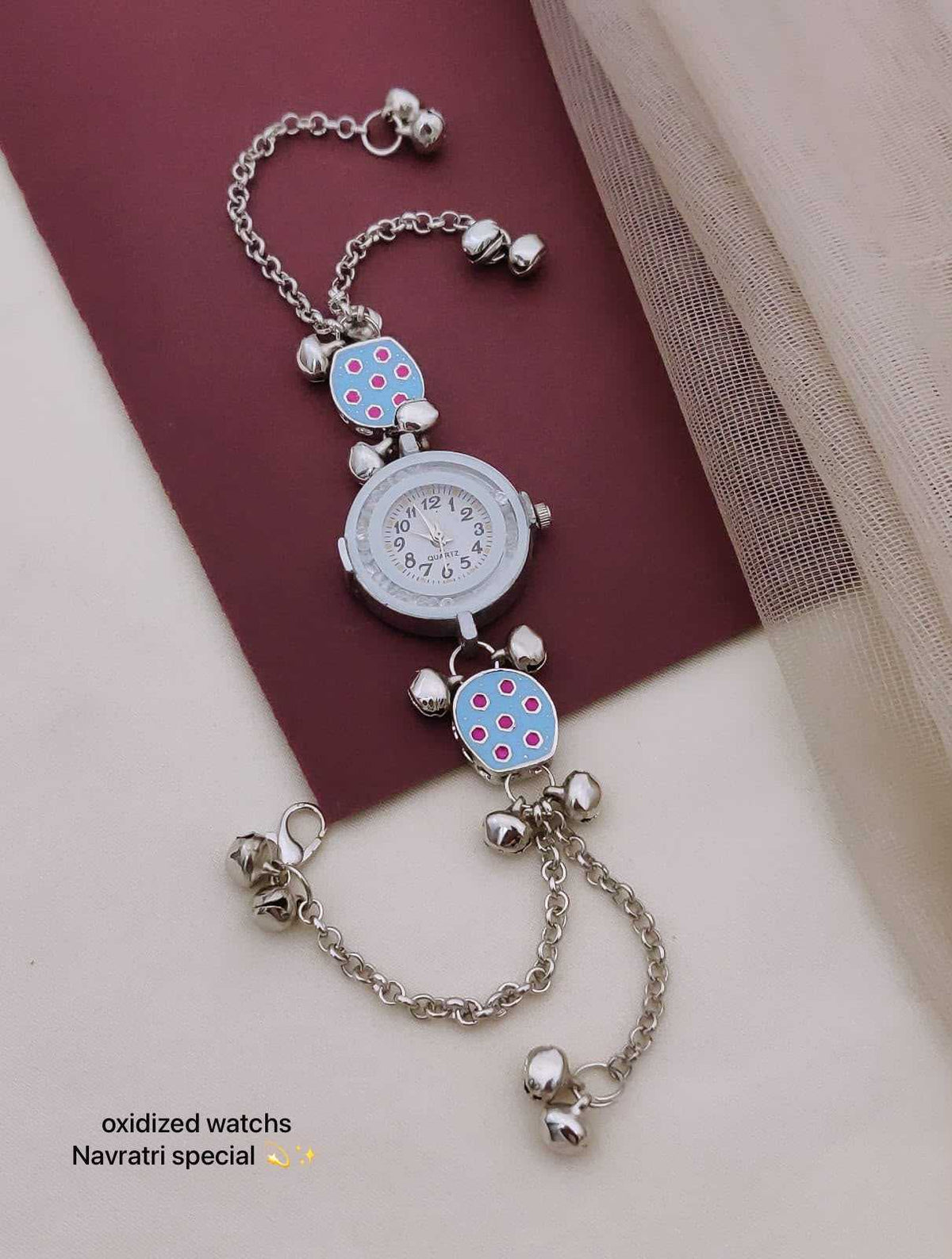 Oxidised Navratri Chain Watch with Enamel Charms and Ghungroo Bells