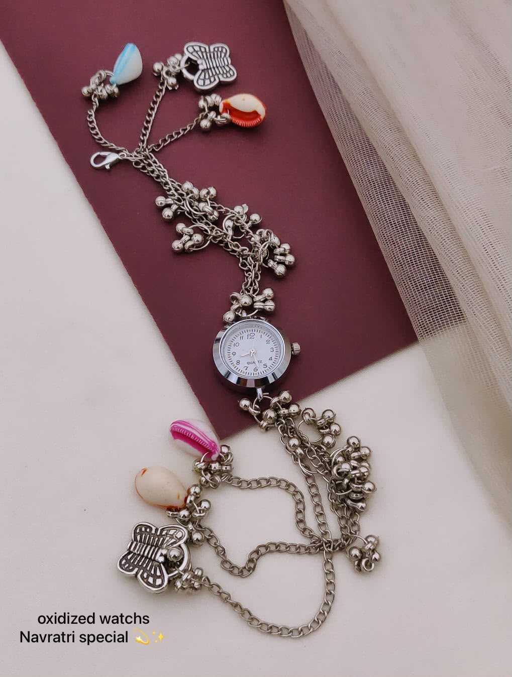 Oxidised Navratri Chain Watch with Enamel Charms and Ghungroo Bells