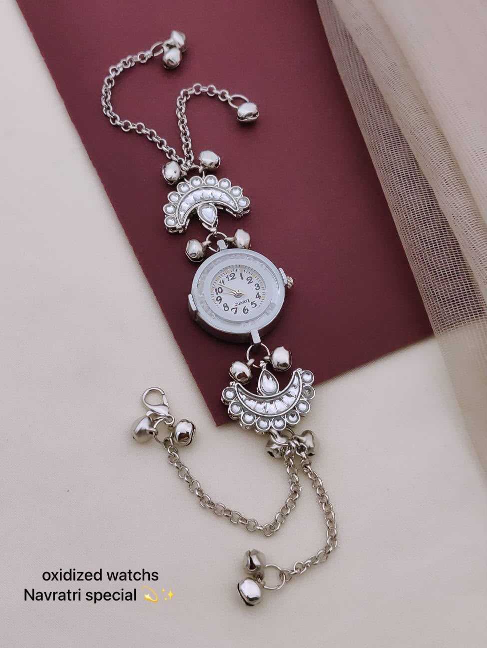 Oxidised Navratri Chain Watch with Enamel Charms and Ghungroo Bells