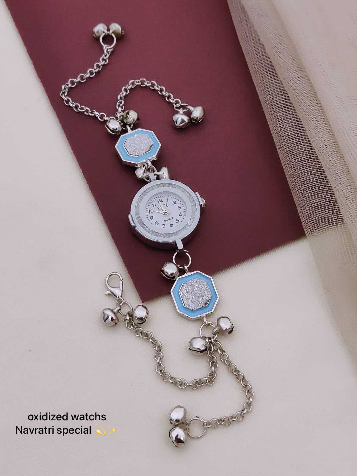 Oxidised Navratri Chain Watch with Enamel Charms and Ghungroo Bells