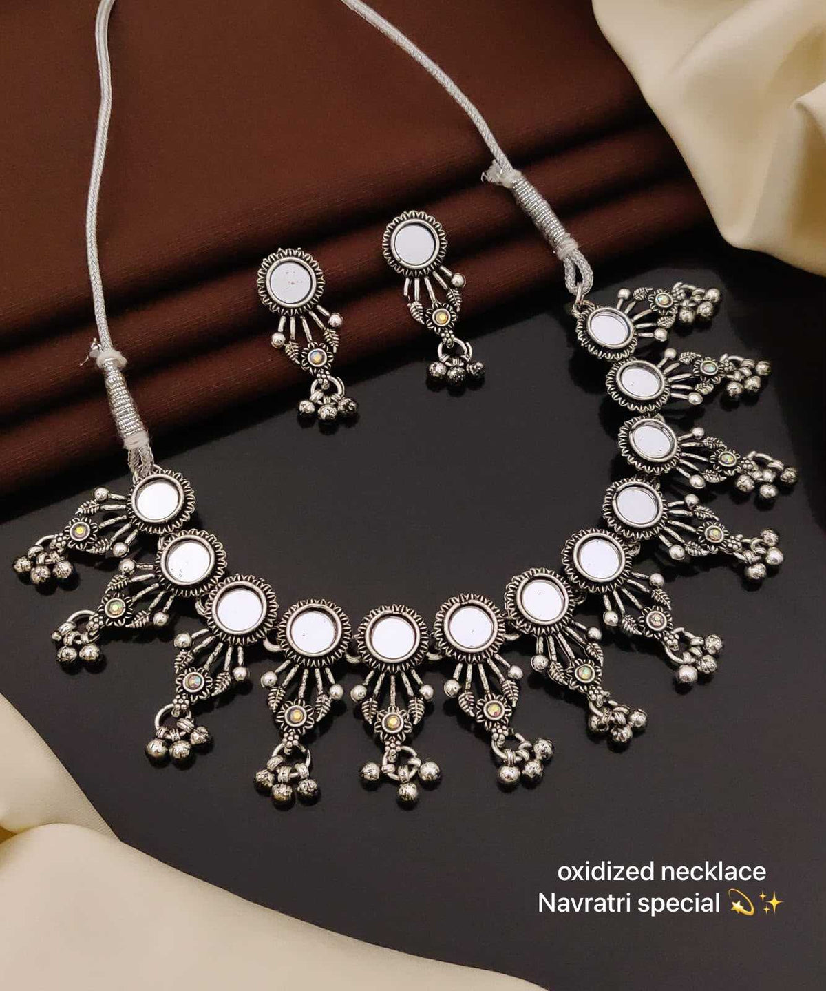 Oxidised Navratri Necklace Set with Mirror and Peacock Feather Accents