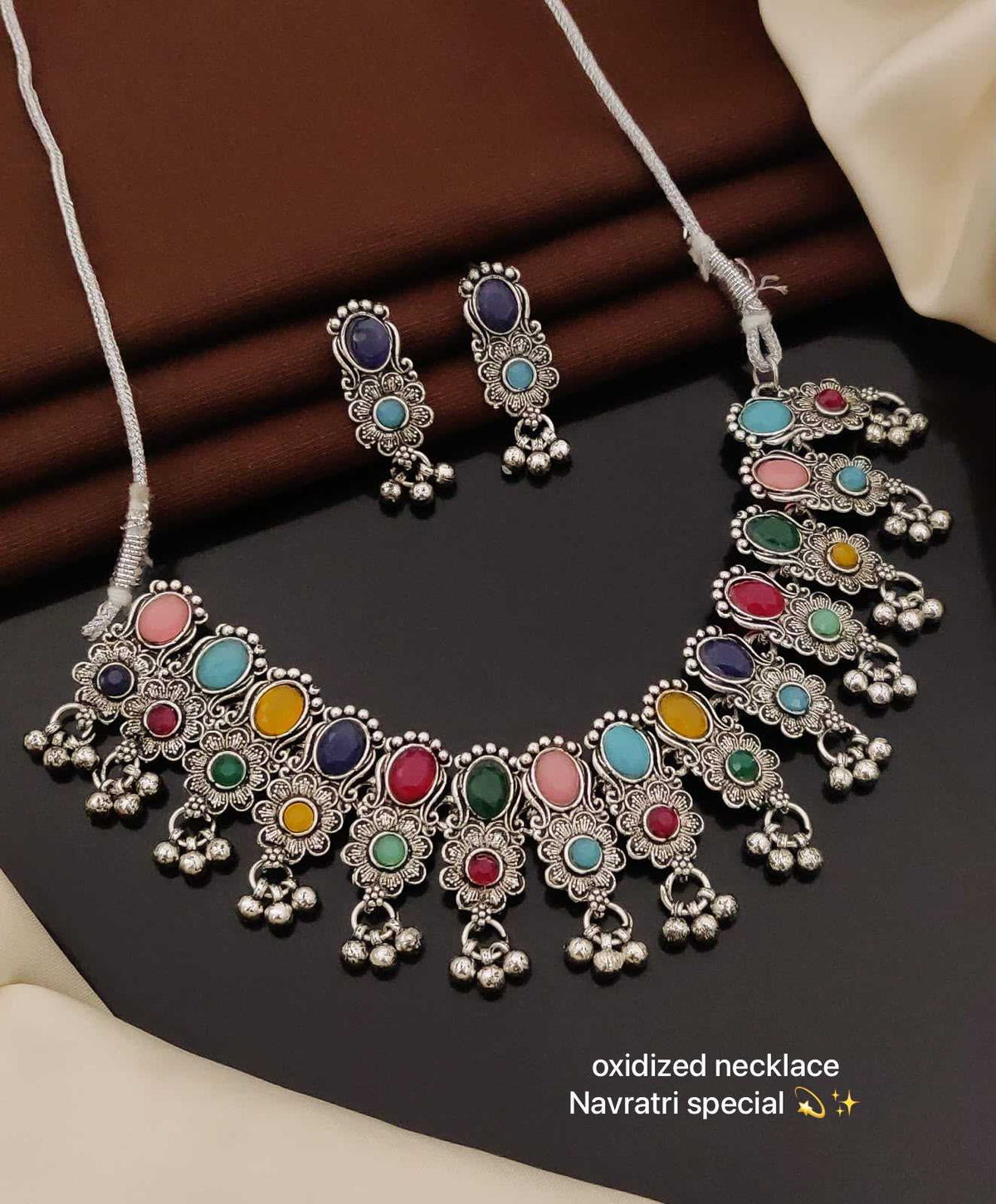 Oxidised Navratri Necklace Set with Mirror and Peacock Feather Accents