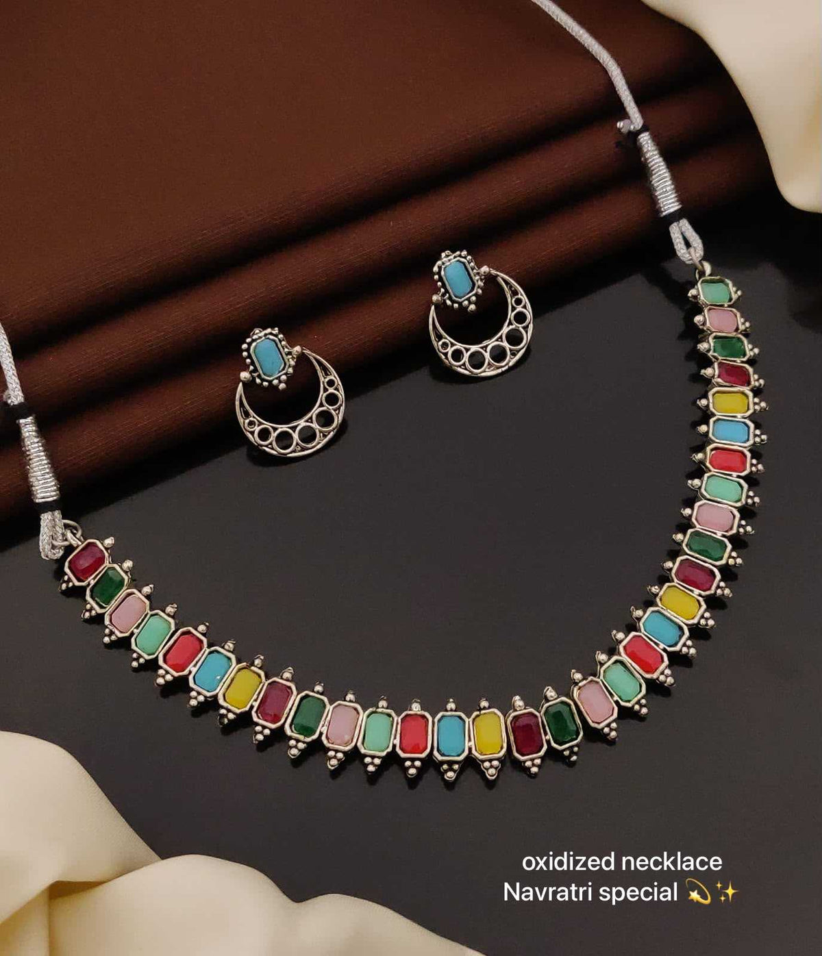 Oxidised Navratri Necklace Set with Mirror and Peacock Feather Accents
