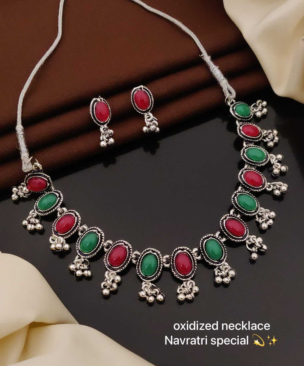 Oxidised Navratri Necklace Set with Red and Green Stones and Ghungroo