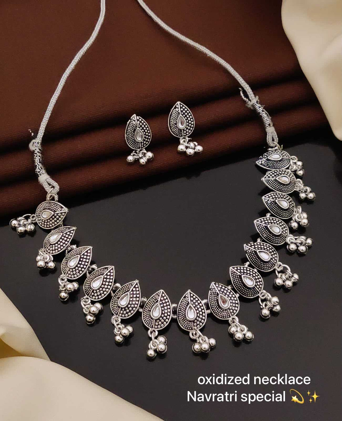 Oxidised Navratri Necklace Set with Red and Green Stones and Ghungroo