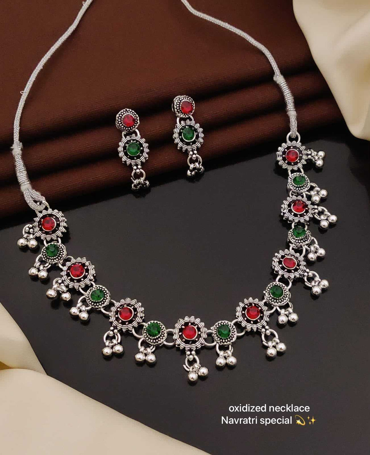 Oxidised Navratri Necklace Set with Red and Green Stones and Ghungroo