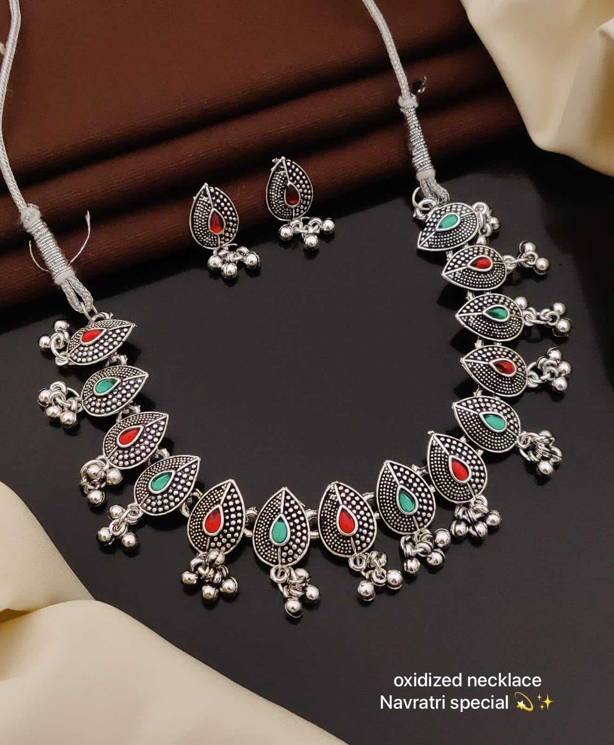 Oxidised Navratri Necklace Set with Red and Green Stones and Ghungroo
