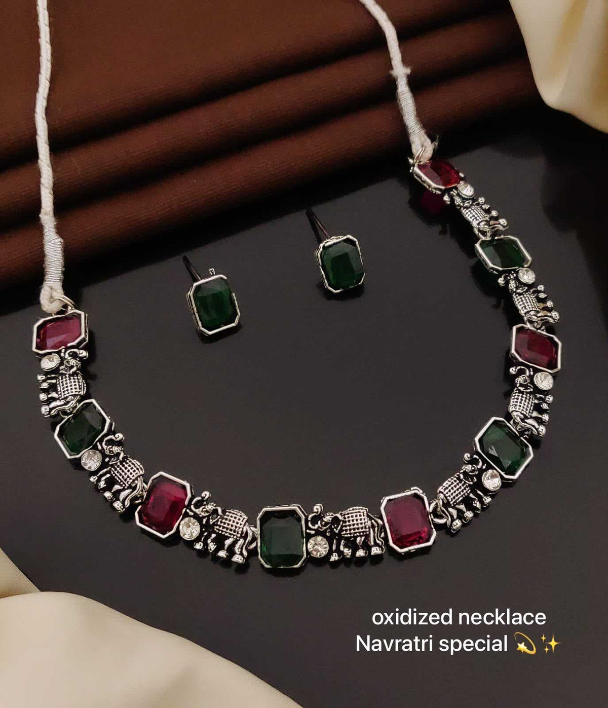 Oxidised Necklace Set with Octagon-Cut Stones and Elephant Links