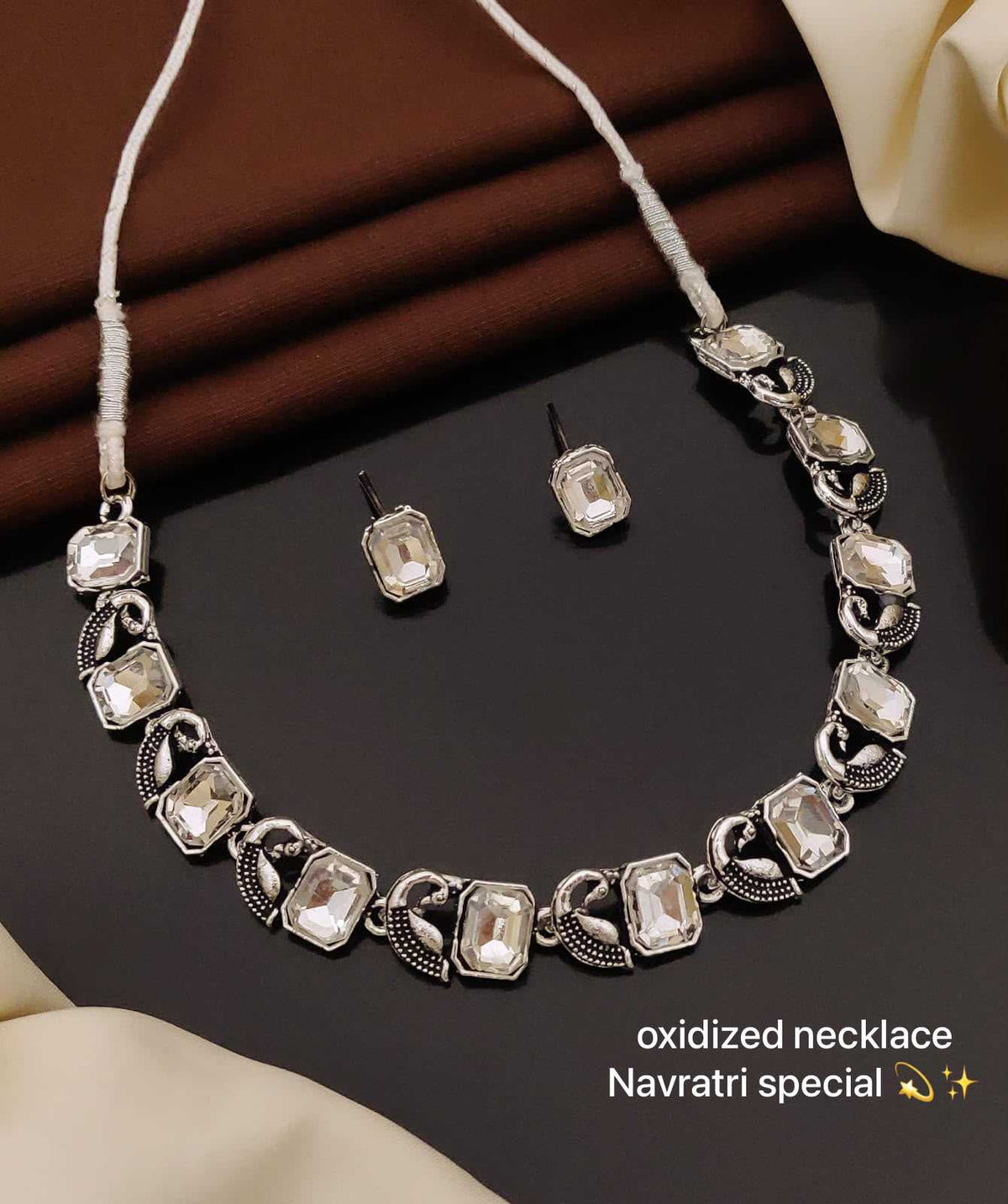 Oxidised Necklace Set with Octagon-Cut Stones and Elephant Links