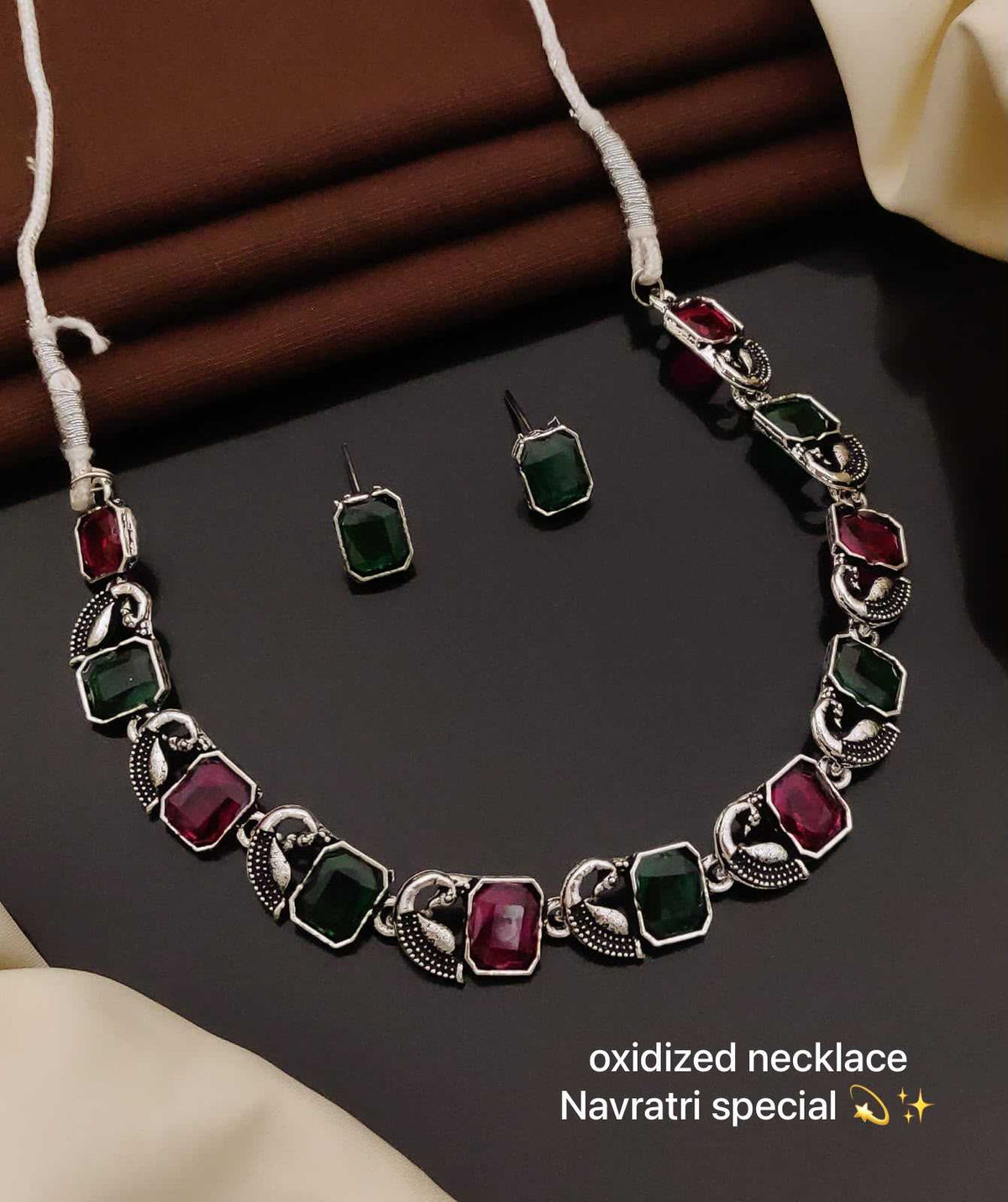 Oxidised Necklace Set with Octagon-Cut Stones and Elephant Links