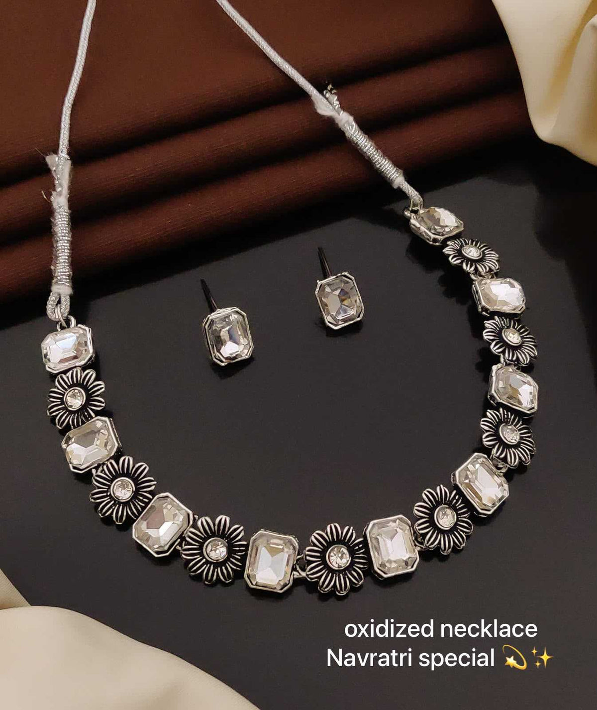 Oxidised Necklace Set with Octagon-Cut Stones and Elephant Links