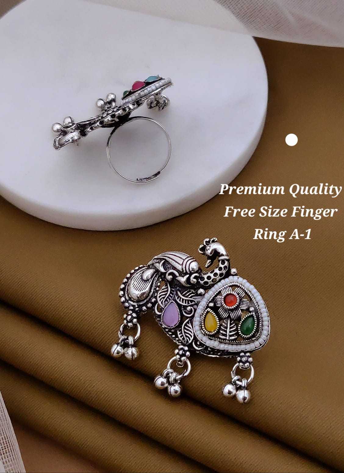 Oxidised Peacock & Elephant Statement Ring with Ghungroo Drops