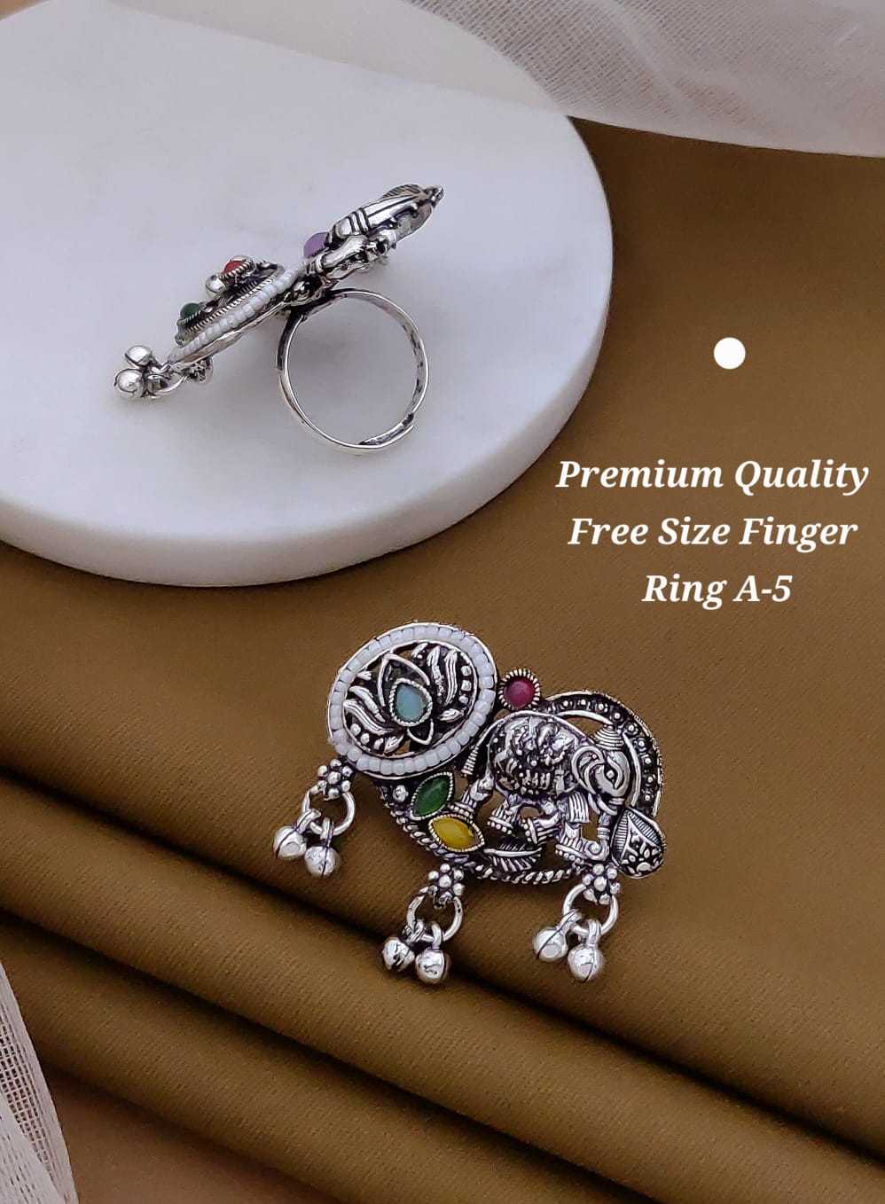Oxidised Peacock & Elephant Statement Ring with Ghungroo Drops