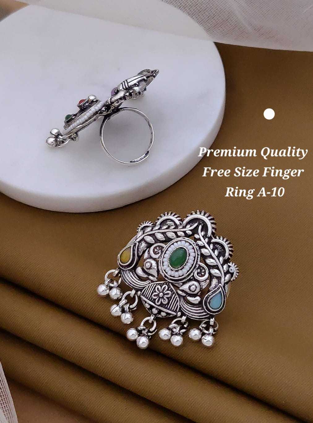 Oxidised Peacock & Elephant Statement Ring with Ghungroo Drops
