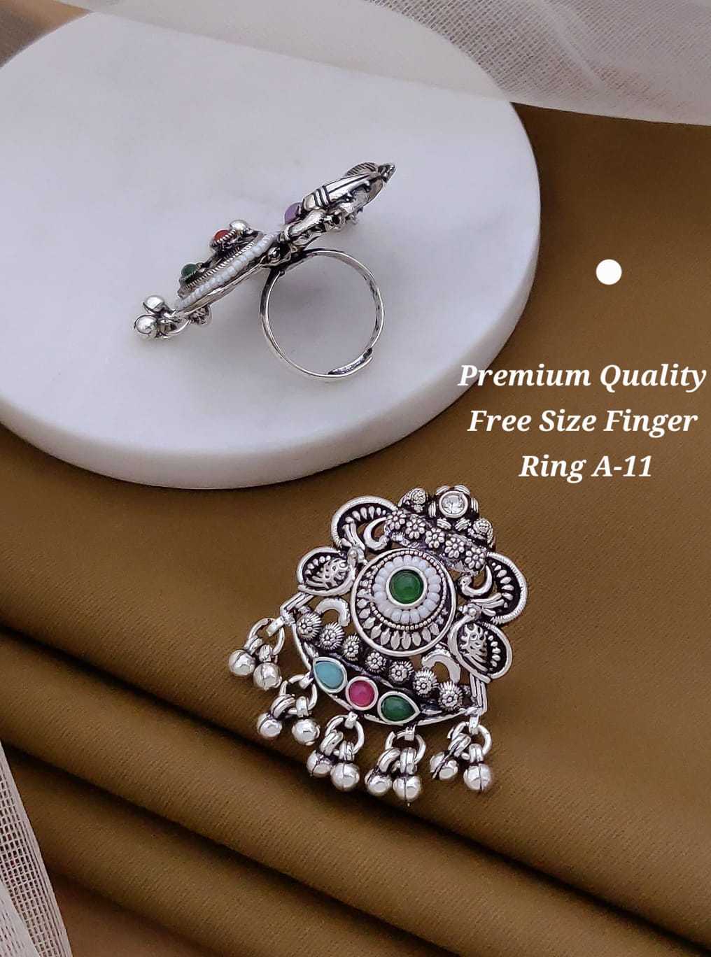 Oxidised Peacock & Elephant Statement Ring with Ghungroo Drops