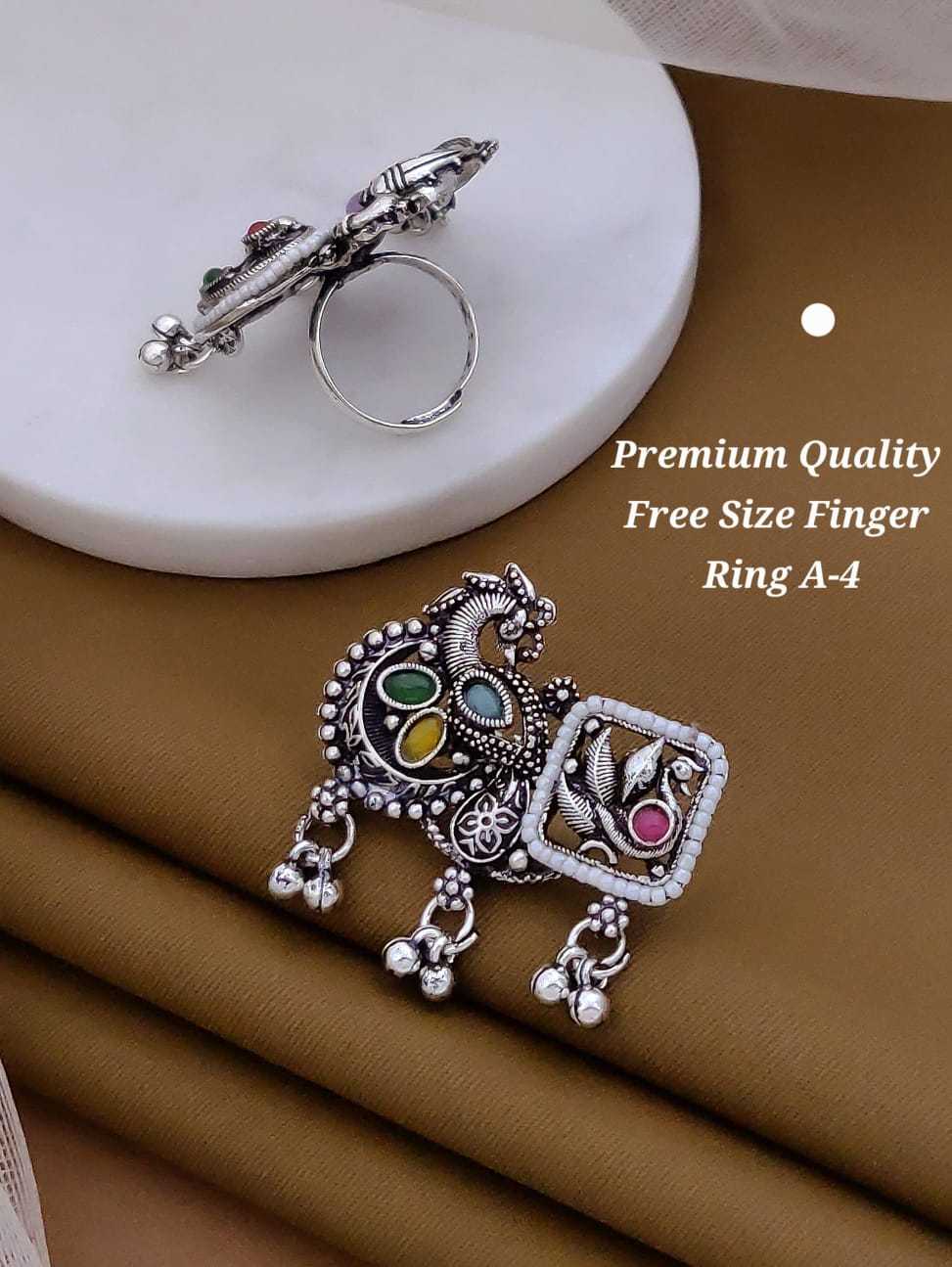 Oxidised Peacock & Elephant Statement Ring with Ghungroo Drops