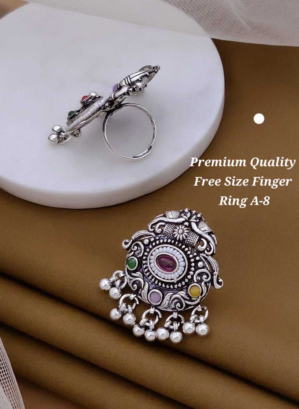 Oxidised Peacock & Elephant Statement Ring with Ghungroo Drops