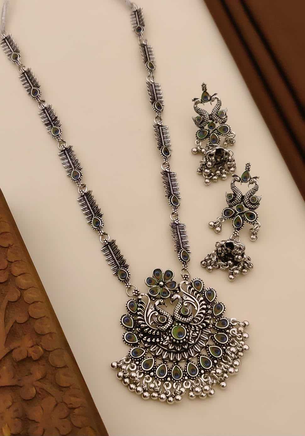 Oxidised Peacock Long Necklace with Jhumka Earrings
