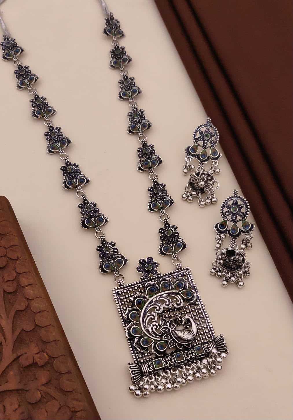 Oxidised Peacock Pendant Long Necklace Set with Jhumka Earrings
