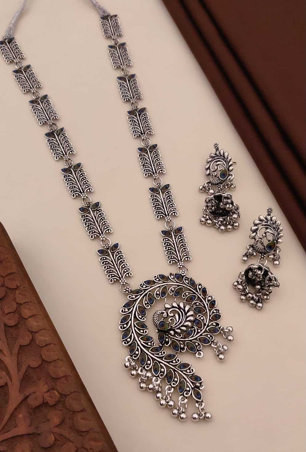 Oxidised Peacock Pendant Long Necklace Set with Jhumka Earrings