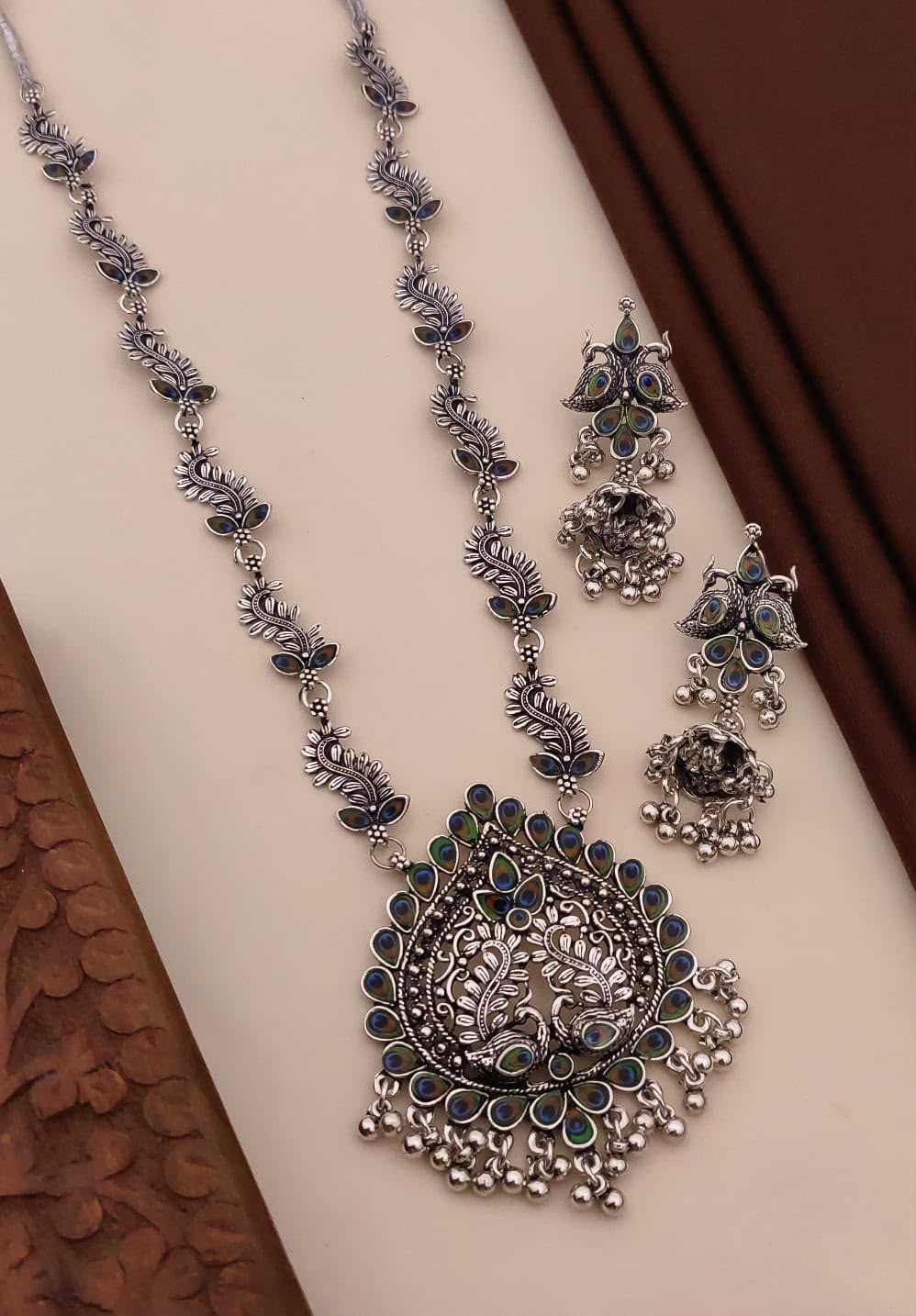 Oxidised Peacock Pendant Long Necklace with Green Stones and Jhumkas