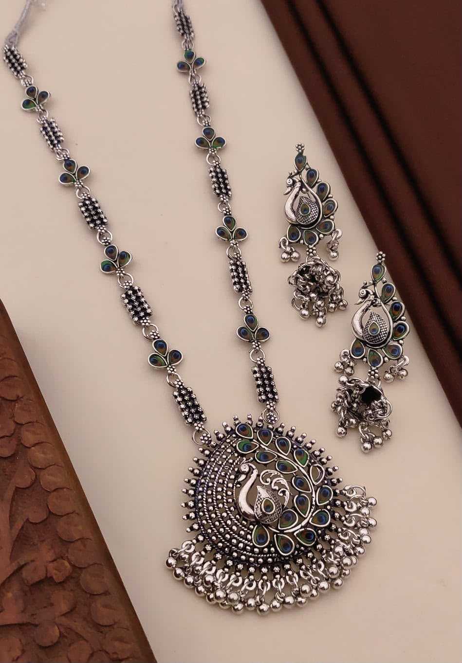 Oxidised Peacock Pendant Long Necklace with Green Stones and Jhumkas