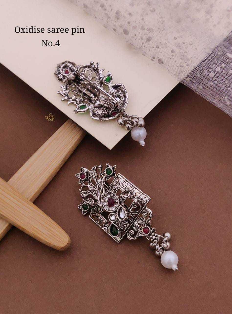 Oxidised Peacock Saree Pin with Pearl Drop