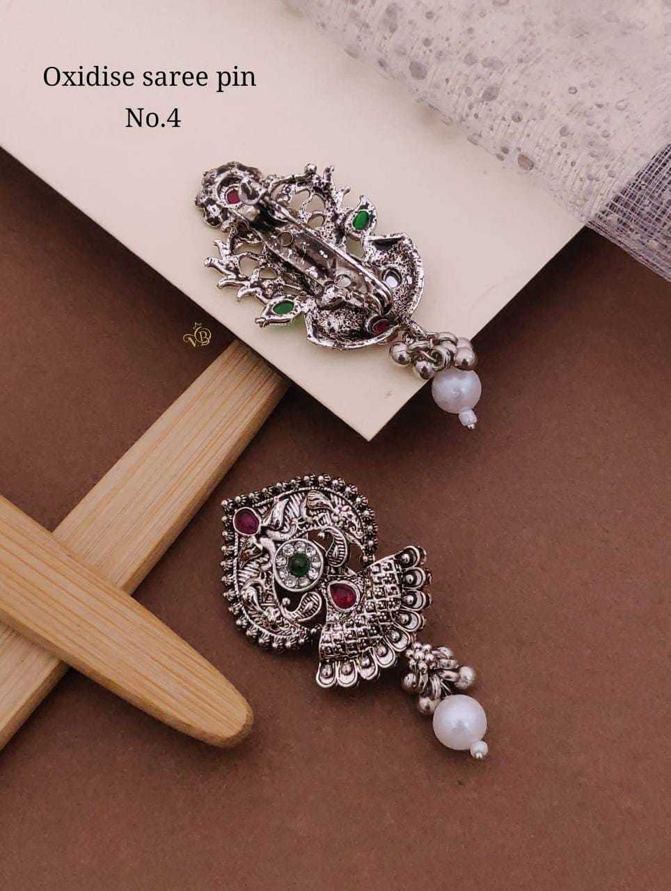 Oxidised Peacock Saree Pin with Pearl Drop