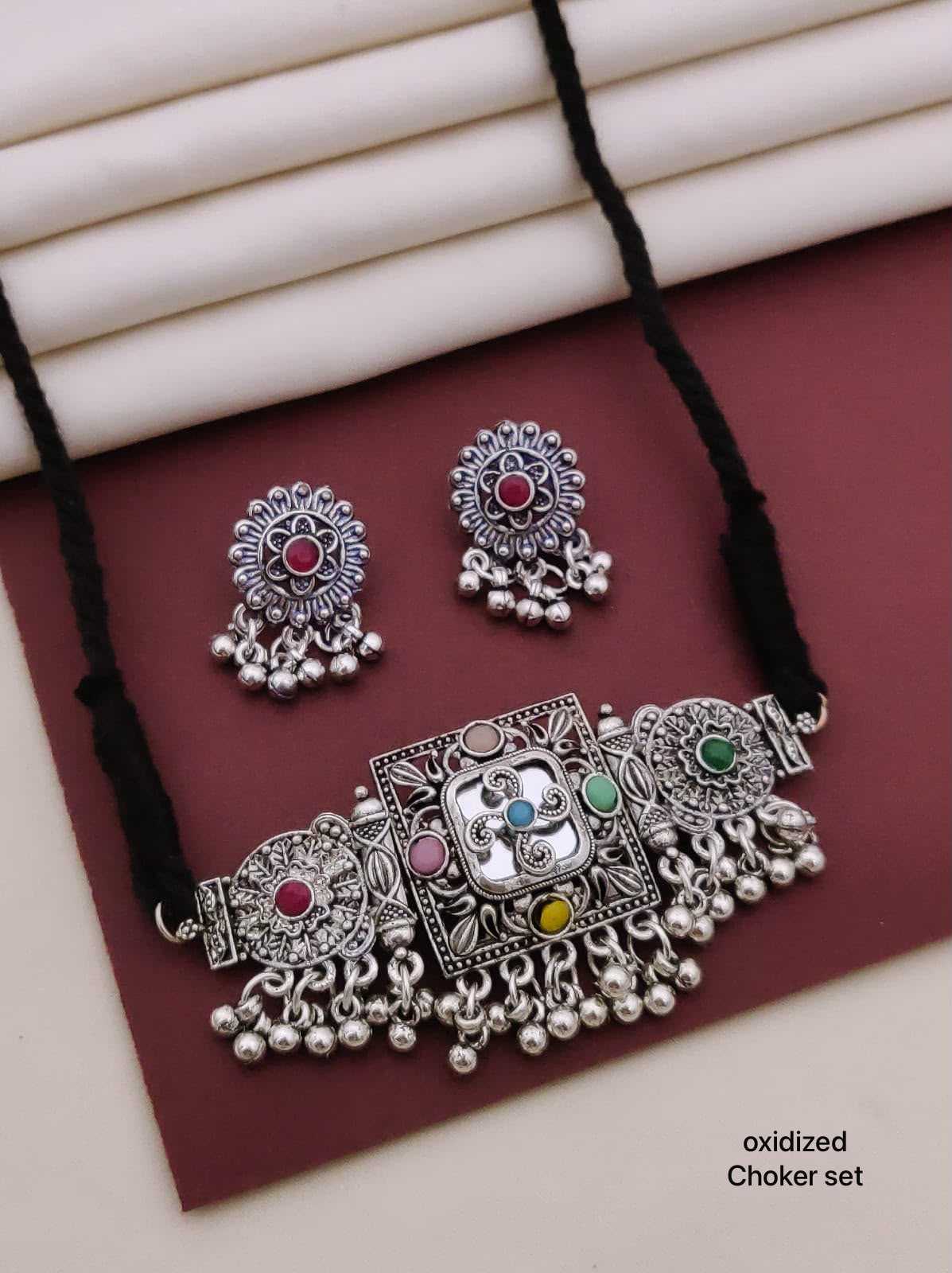 Oxidised Thread Choker Set with Multicolour Stones and Ghungroo Drops