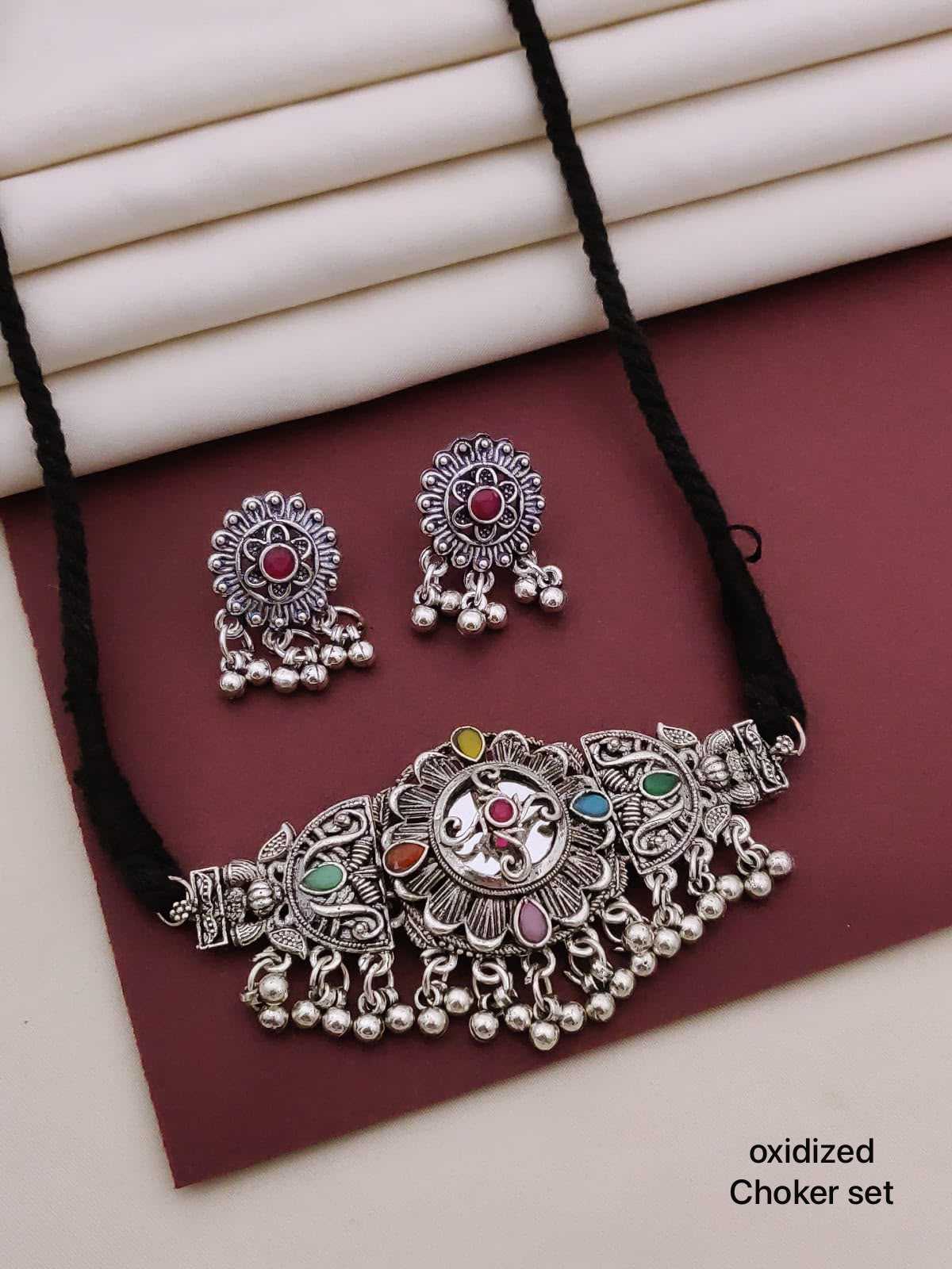 Oxidised Thread Choker Set with Multicolour Stones and Ghungroo Drops