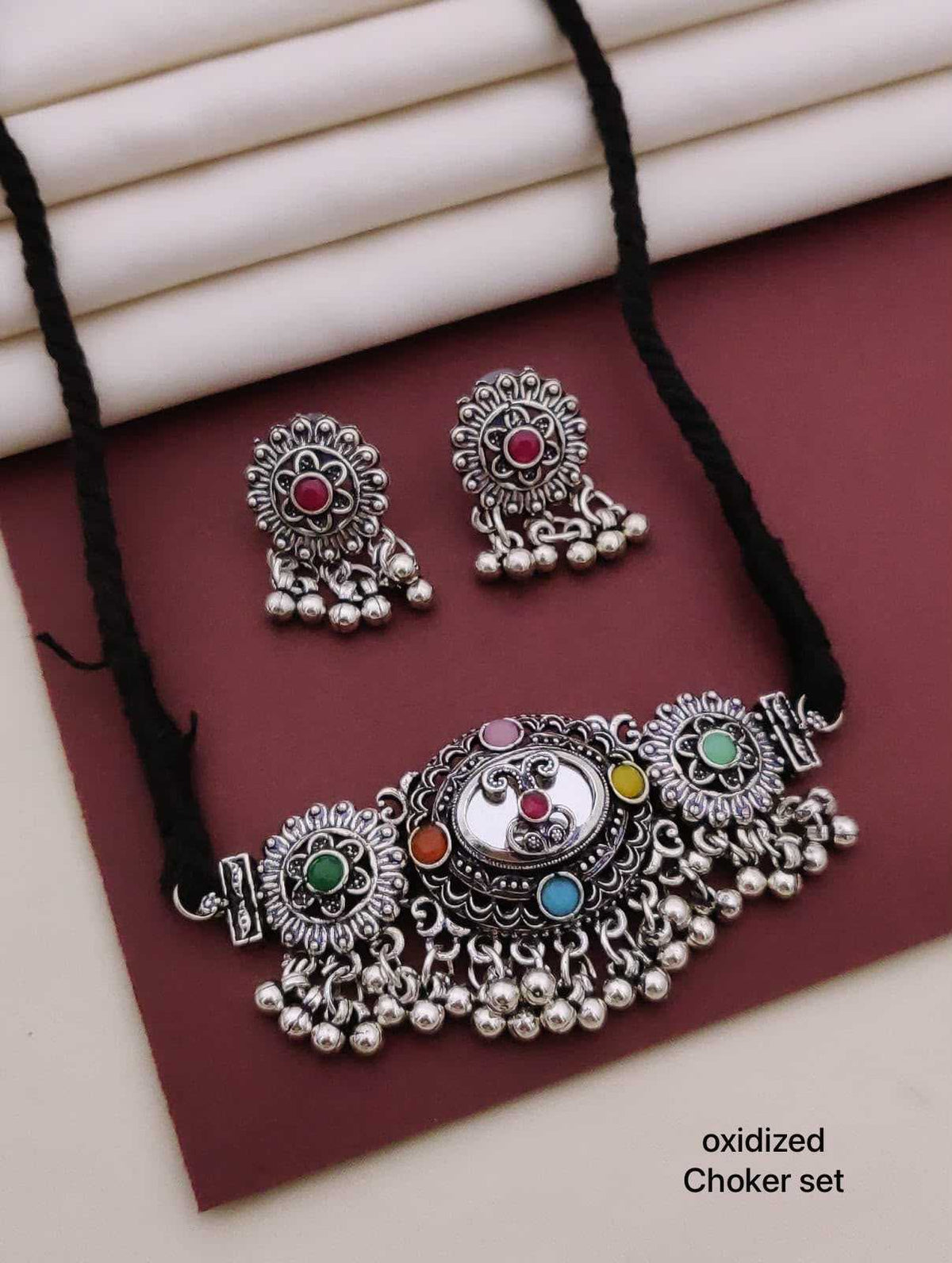 Oxidised Thread Choker with Multicolour Stone Medallion and Studs