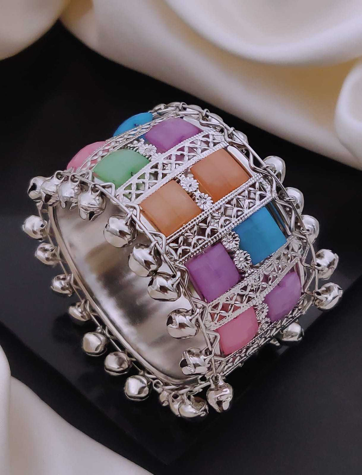 Oxidised Wide Cuff Kada with Ghungroo Bells and Colour Stones