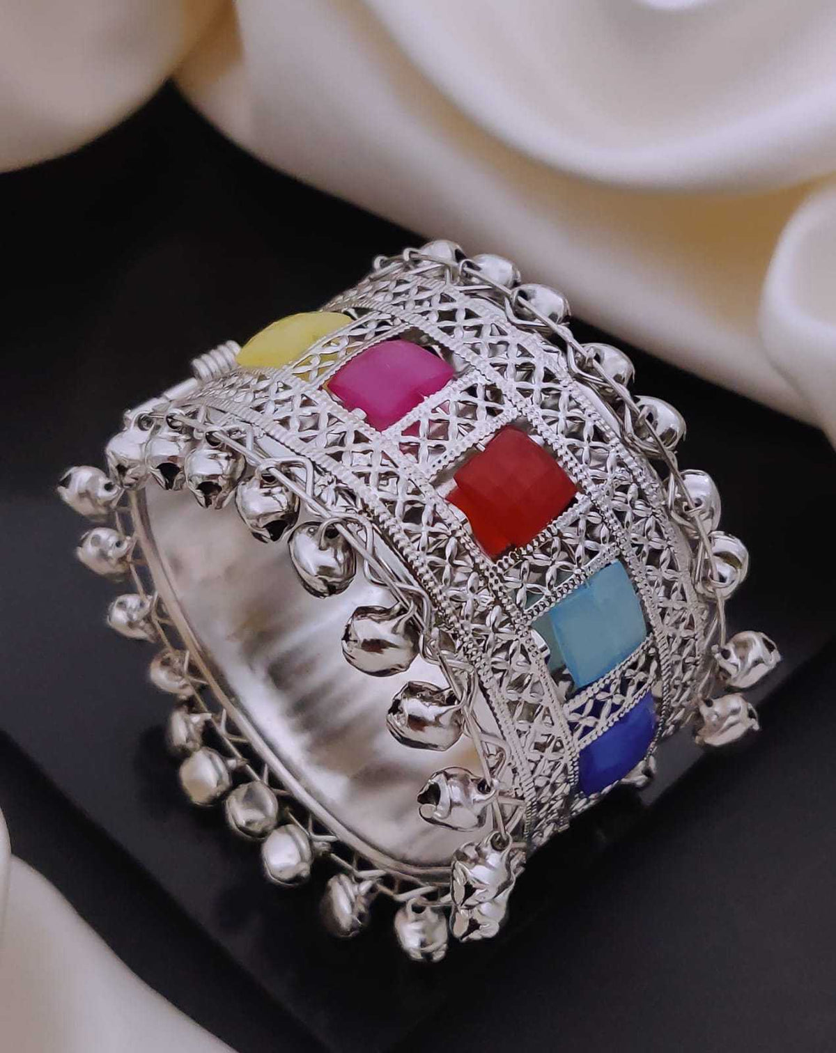 Oxidised Wide Cuff Kada with Ghungroo Bells and Colour Stones