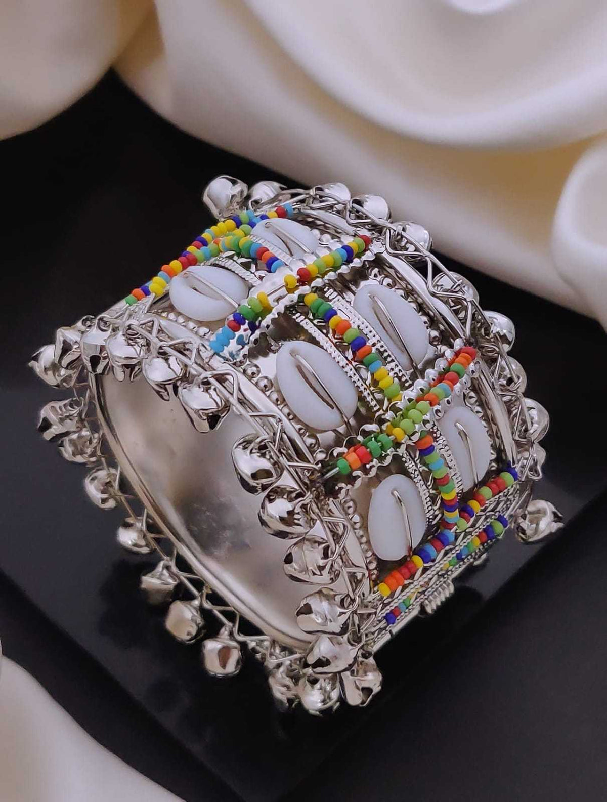 Oxidised Wide Cuff Kada with Ghungroo Bells and Colour Stones