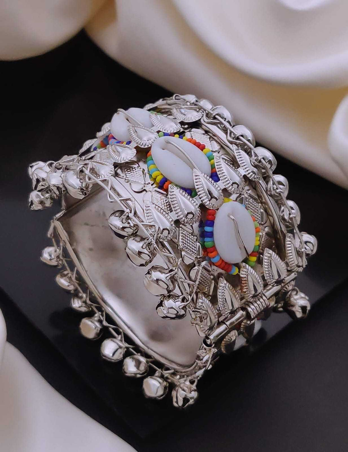 Oxidised Wide Cuff Kada with Ghungroo Bells and Colour Stones