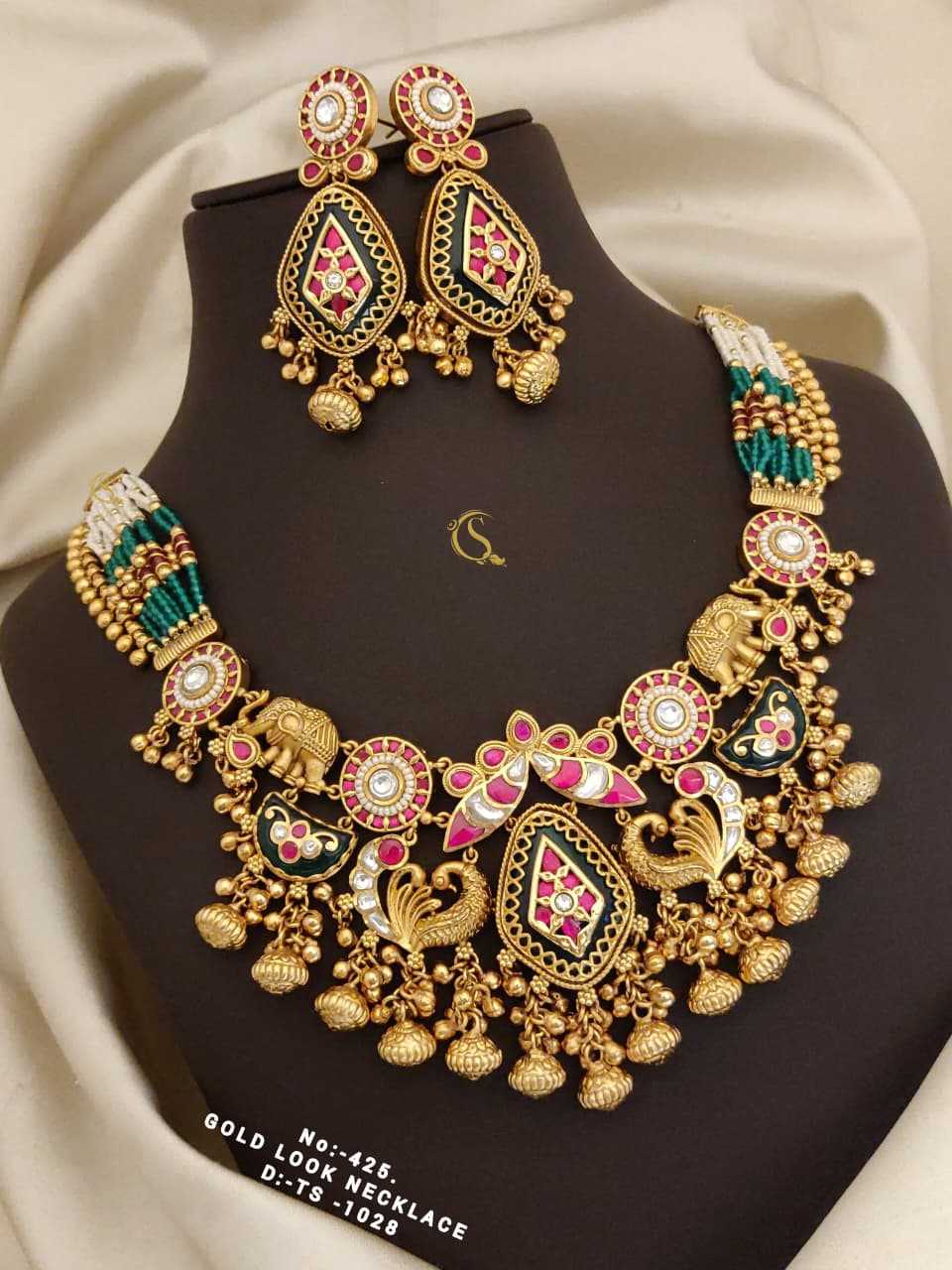 Peacock and Elephant Bib Necklace Set with Pink Kundan Diamonds