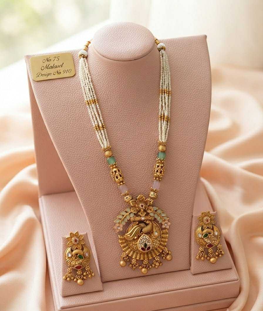Peacock Crescent Pendant Pearl Mala with Pastel Enamel Lotus