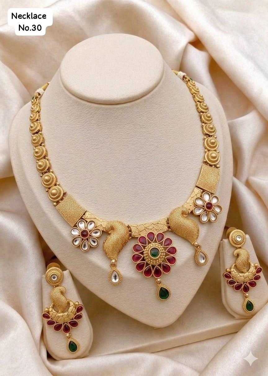 Peacock Motif Matte Gold Necklace Set with Ruby Kundan Flower