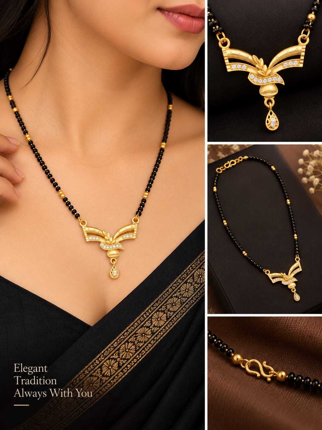 Peacock Swirl CZ Pendant Mangalsutra on Black Bead Chain