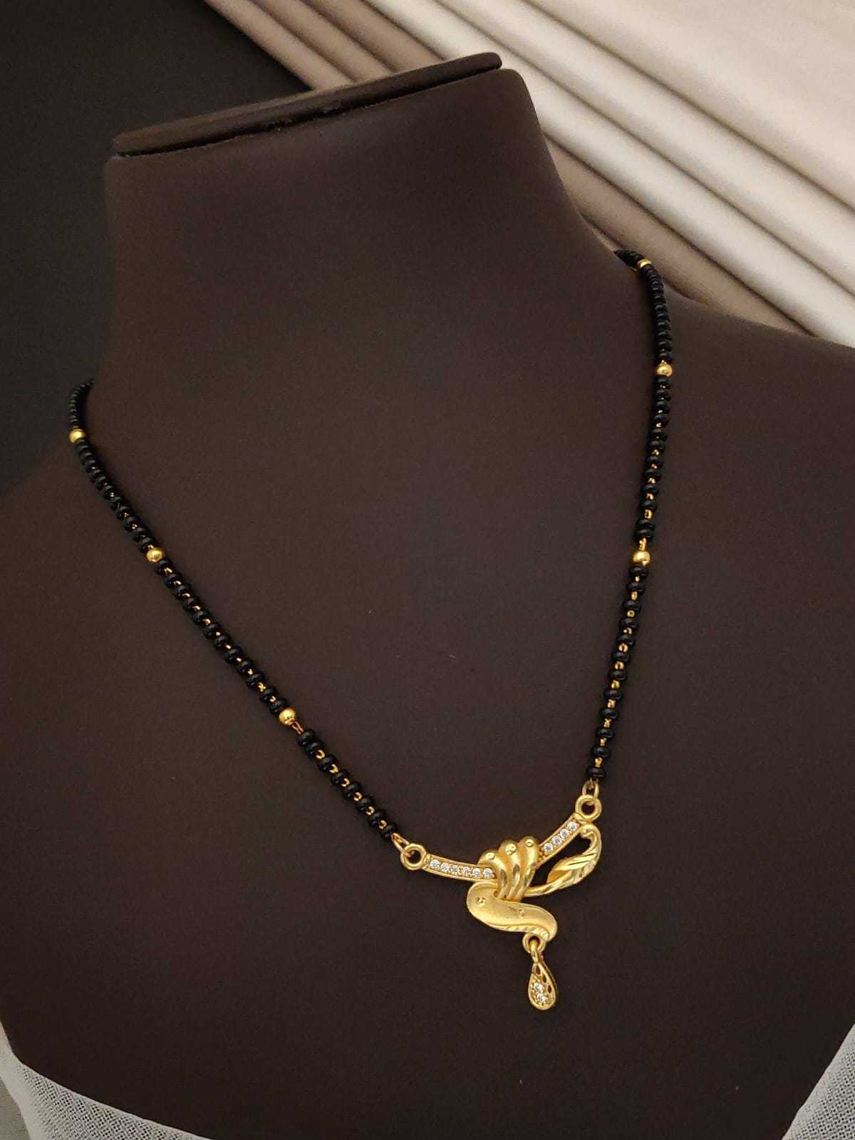 Peacock Swirl CZ Pendant Mangalsutra on Black Bead Chain