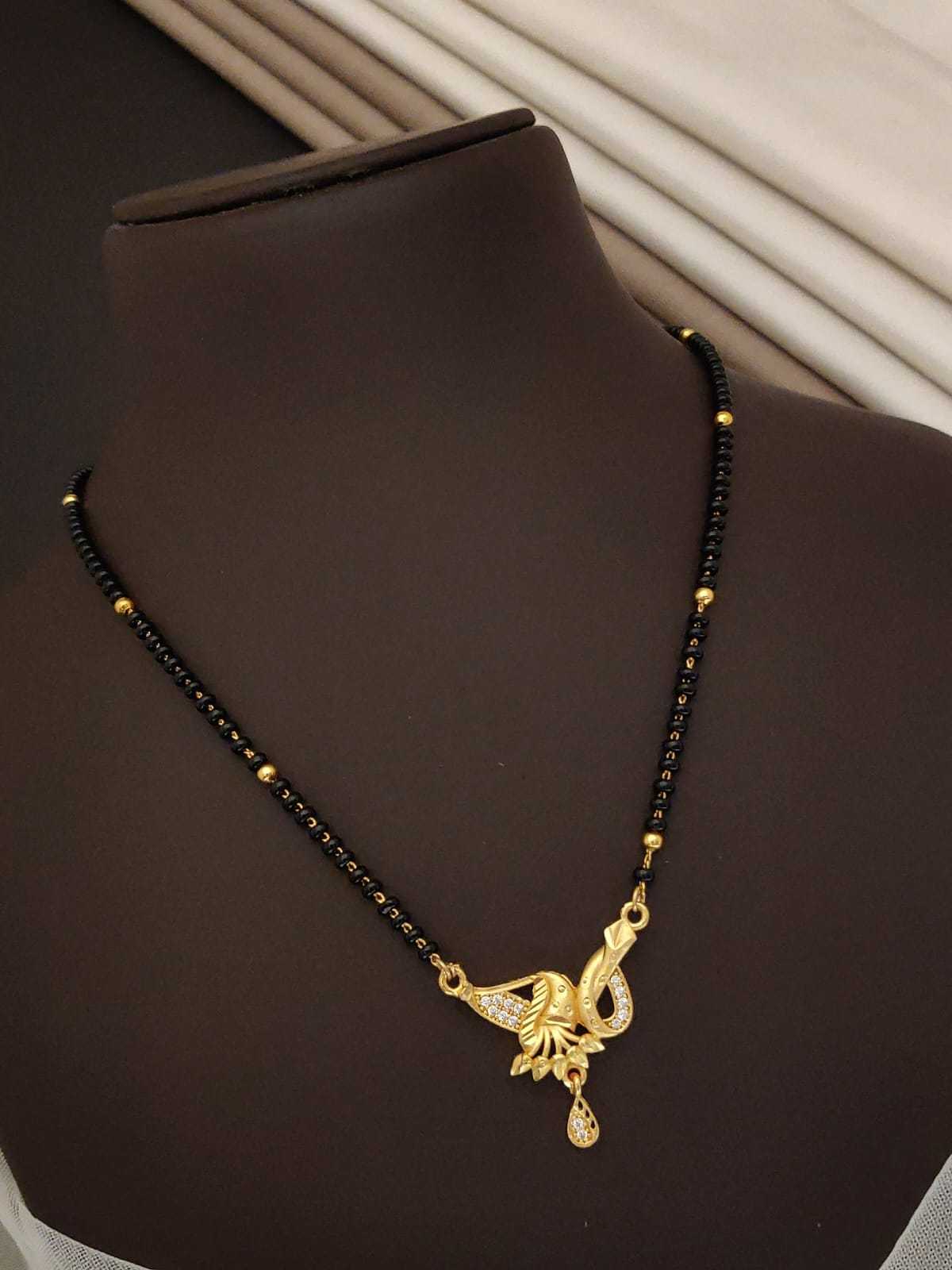 Peacock Swirl CZ Pendant Mangalsutra on Black Bead Chain