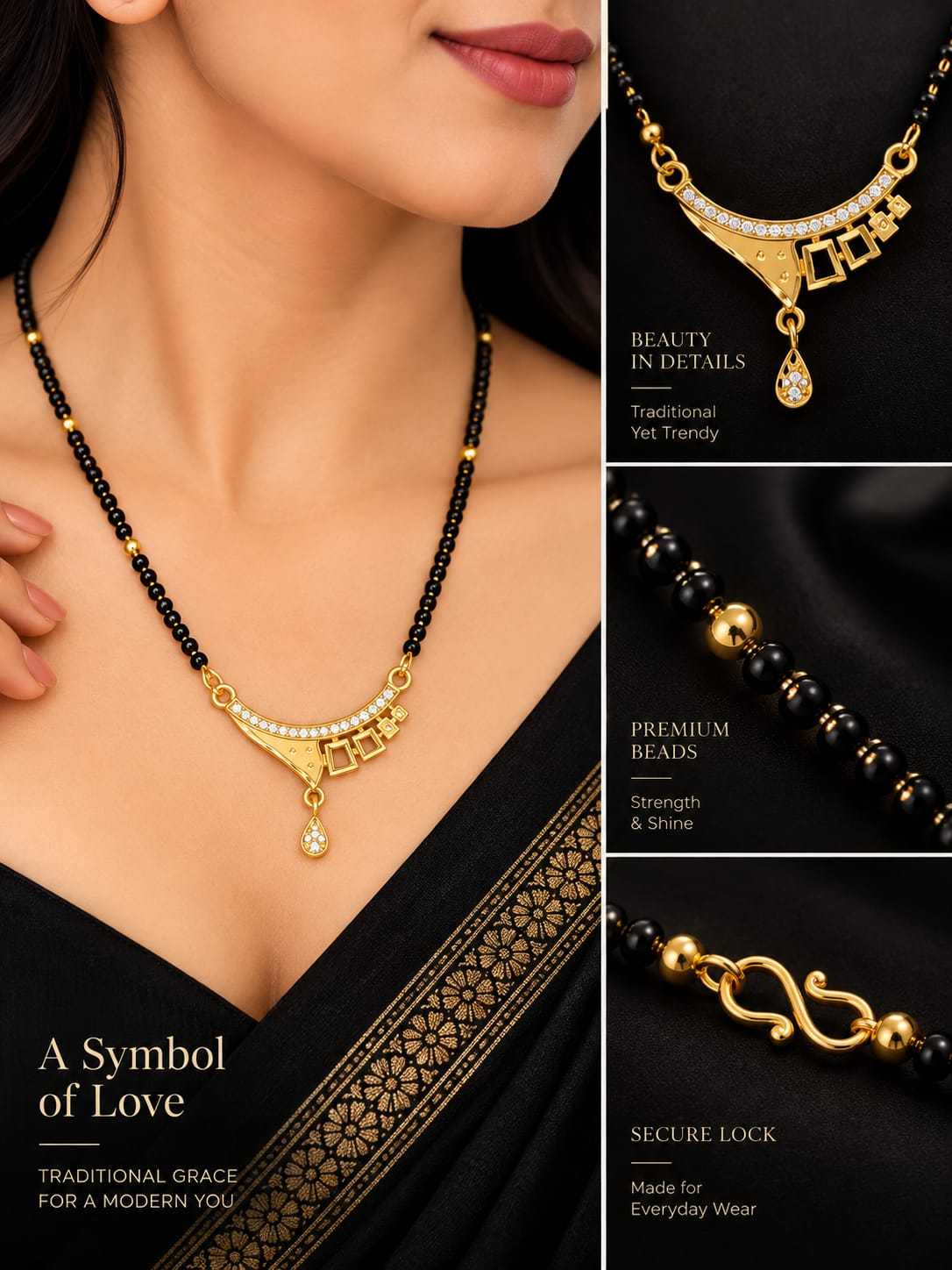 Peacock Swirl CZ Pendant Mangalsutra on Black Bead Chain