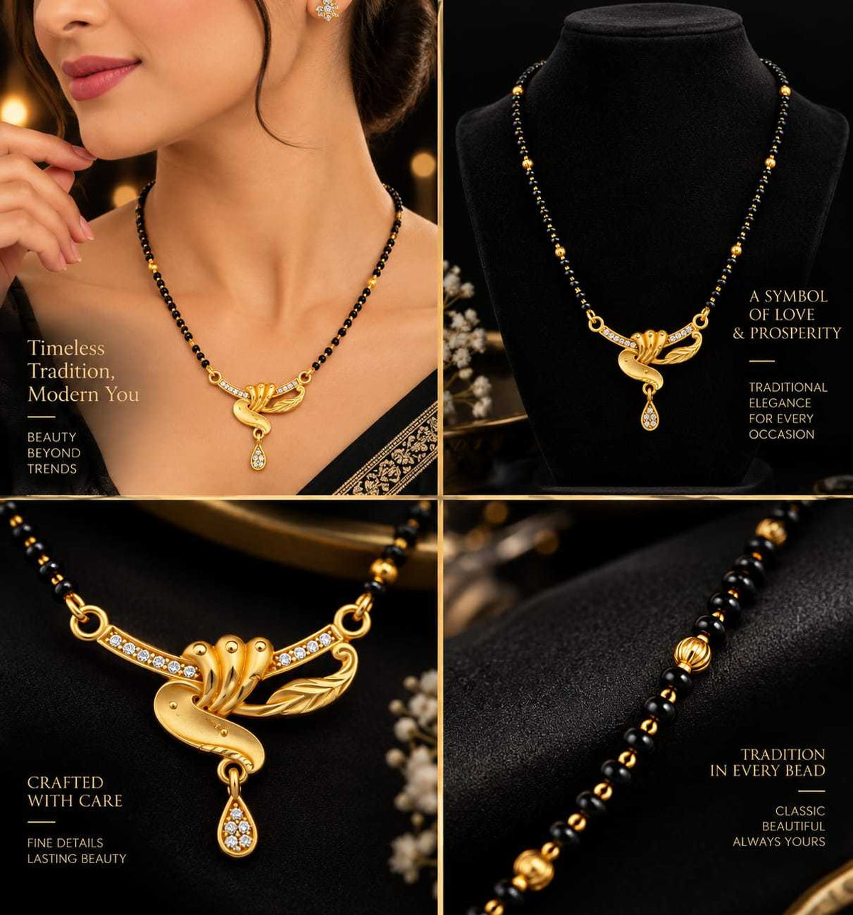 Peacock Swirl CZ Pendant Mangalsutra on Black Bead Chain