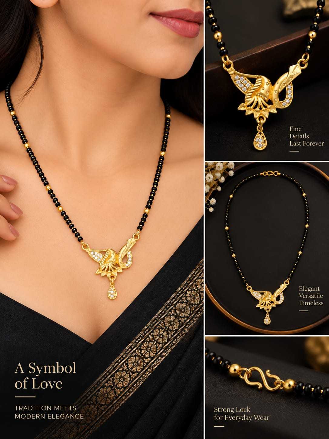 Peacock Swirl CZ Pendant Mangalsutra on Black Bead Chain