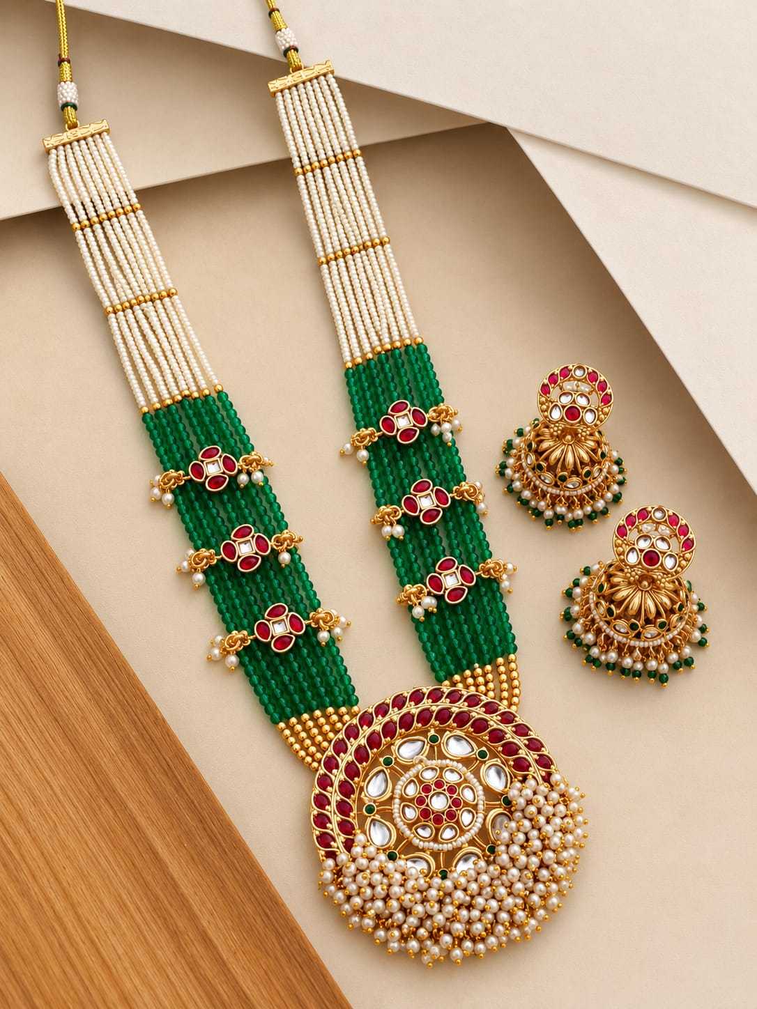 Pearl and Green Bead Rani Haar with Round Kundan Pendant