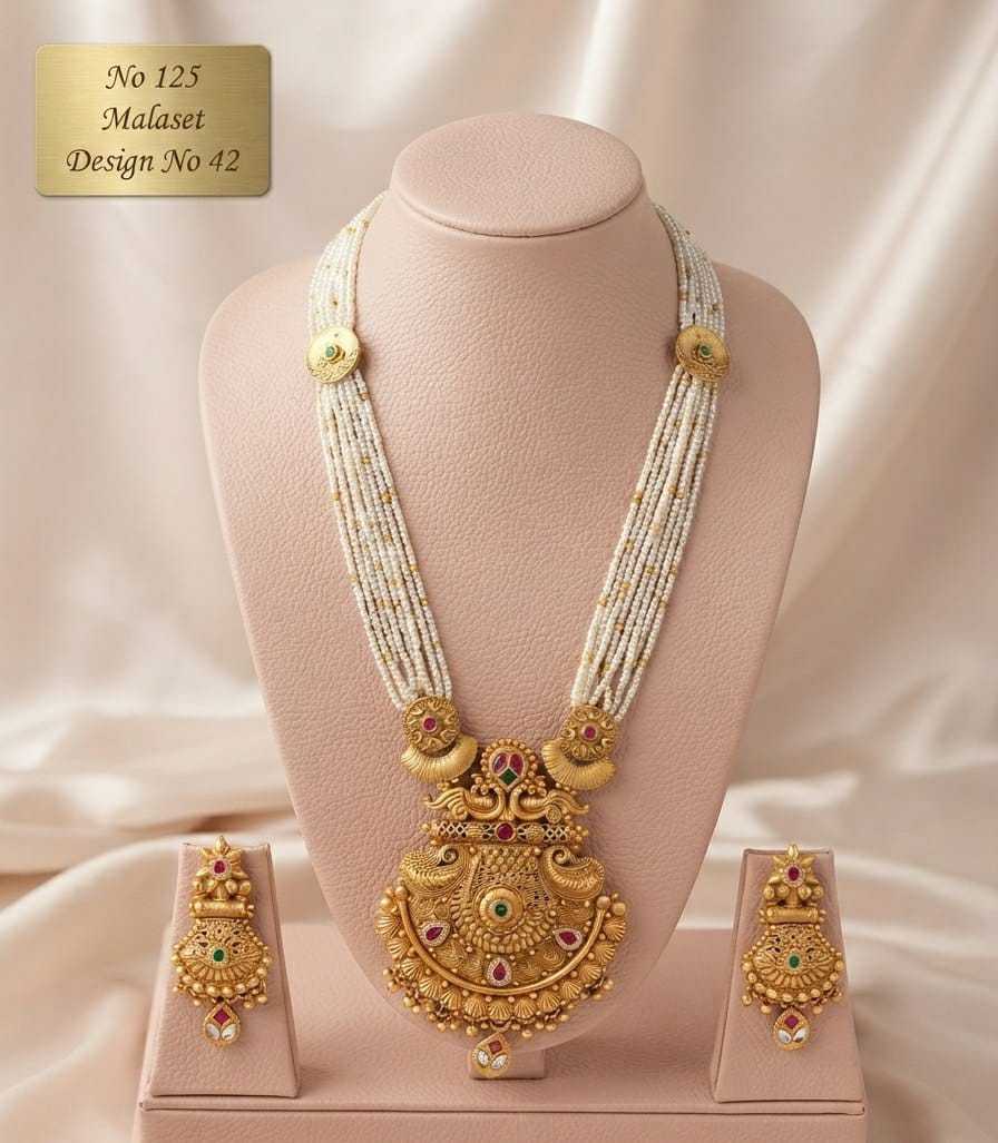 Pearl and Pink-Green Bead Mala Set with Crescent Pendant